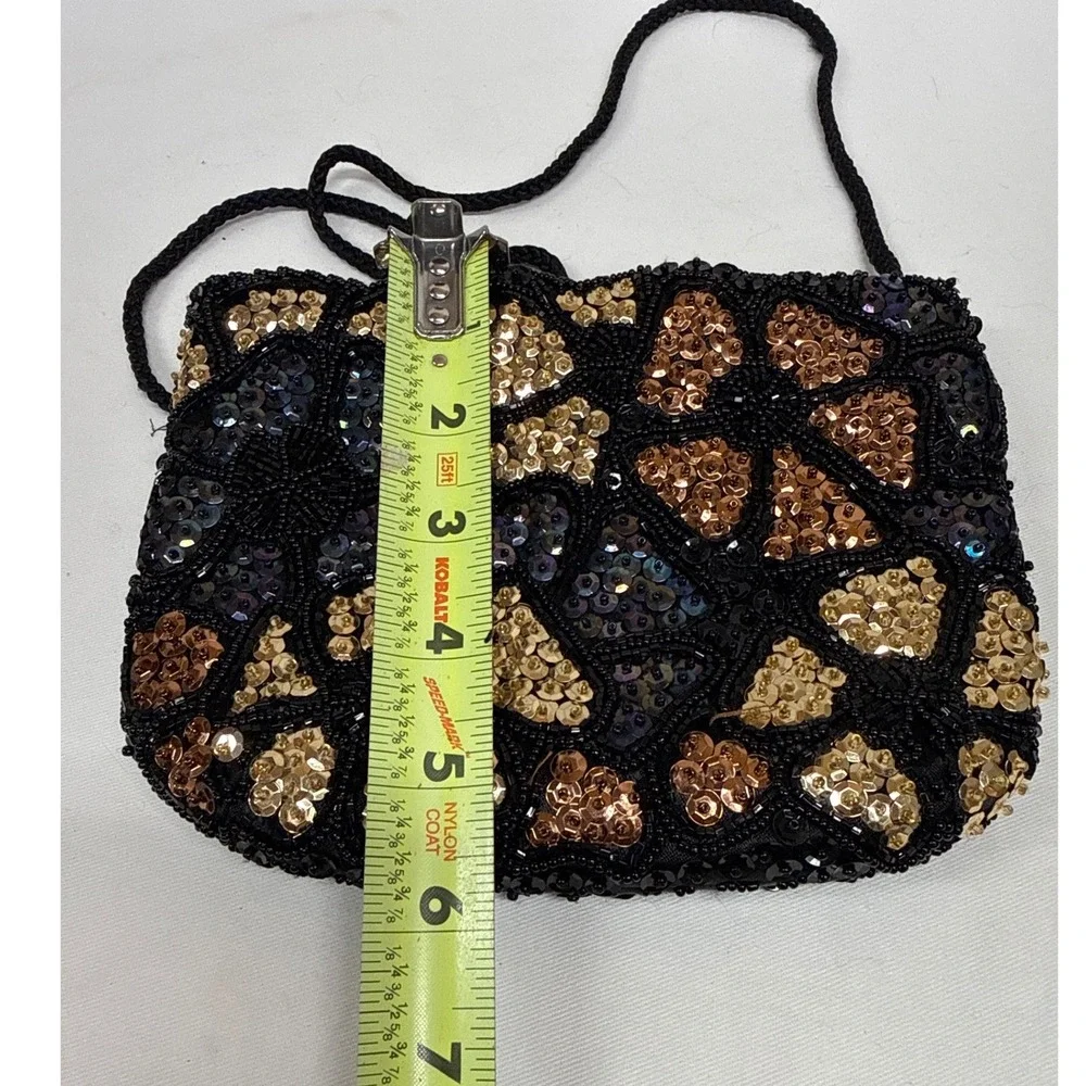 Vintage Beaded Sequin Evening Bag Black Gold Bronze Geometric Mosaic Clutch